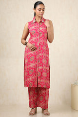 Women's Fuchsia Rayon Foil Print Co-ords Set With Sequins
