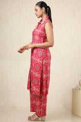 Women's Fuchsia Rayon Foil Print Co-ords Set With Sequins