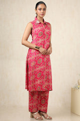 Women's Fuchsia Rayon Foil Print Co-ords Set With Sequins