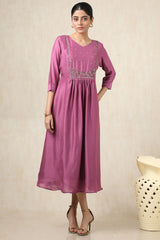 Women's Onion Pink Crepe Solid Dress With Cutdana
