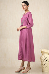 Women's Onion Pink Crepe Solid Dress With Cutdana