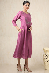 Women's Onion Pink Crepe Solid Dress With Cutdana