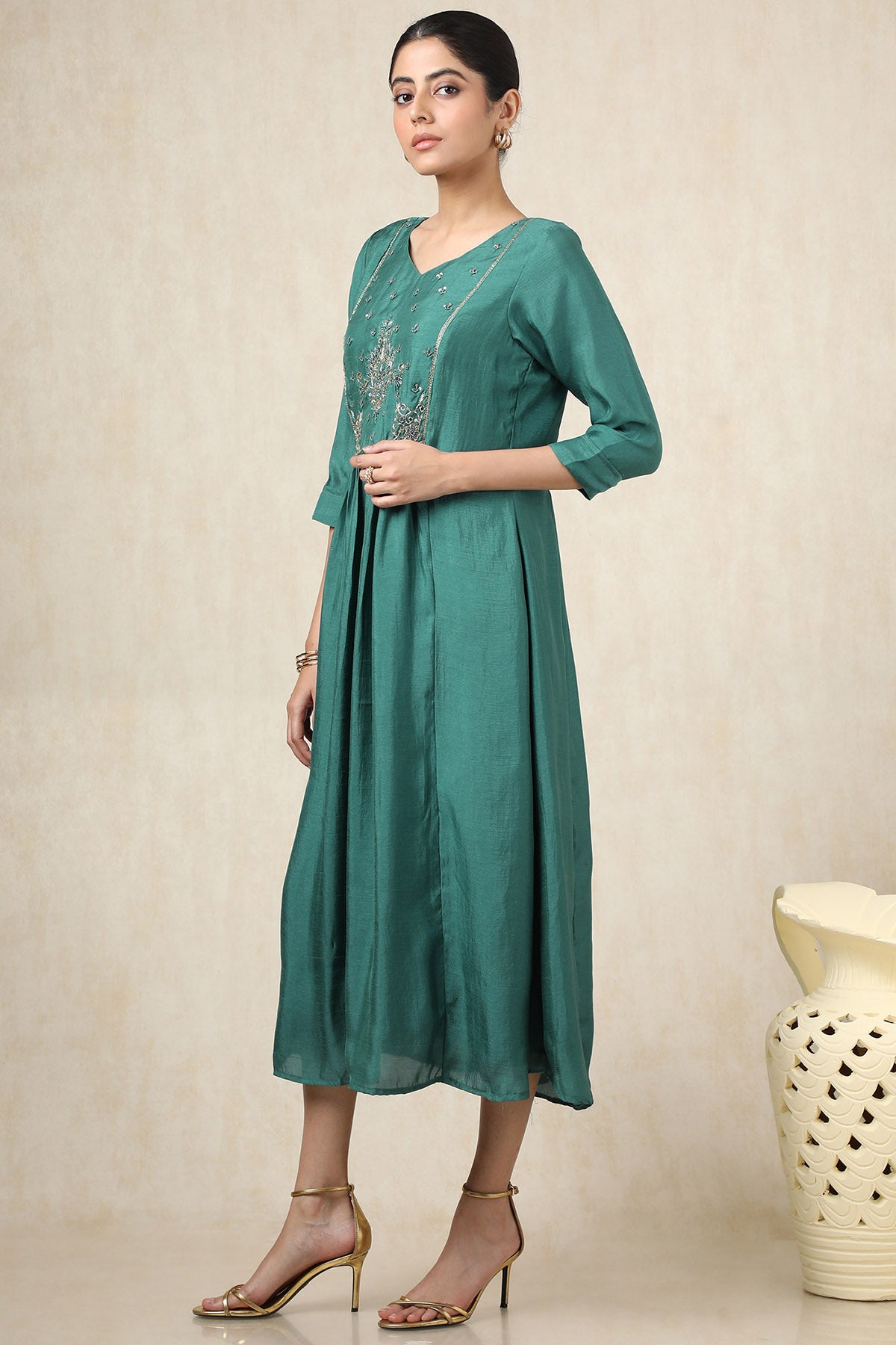 Women's Teal Crepe Solid Dress With Cutdana
