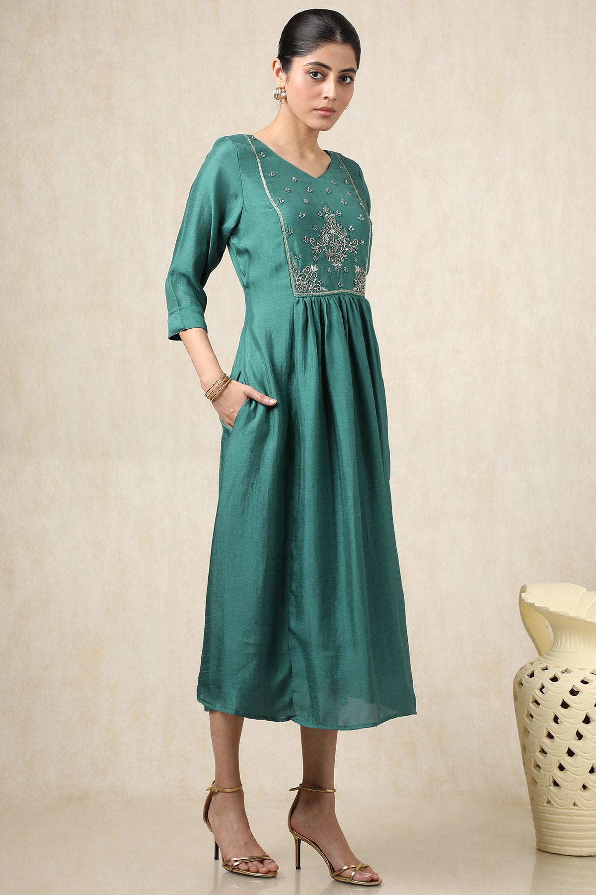 Women's Teal Crepe Solid Dress With Cutdana