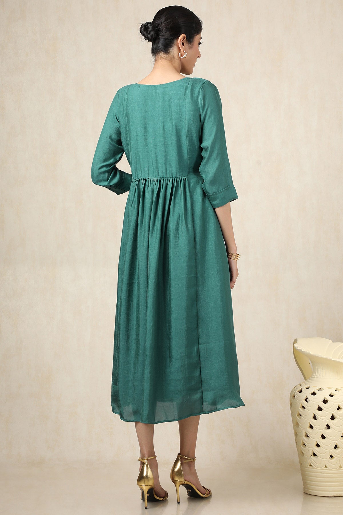 Women's Teal Crepe Solid Dress With Cutdana