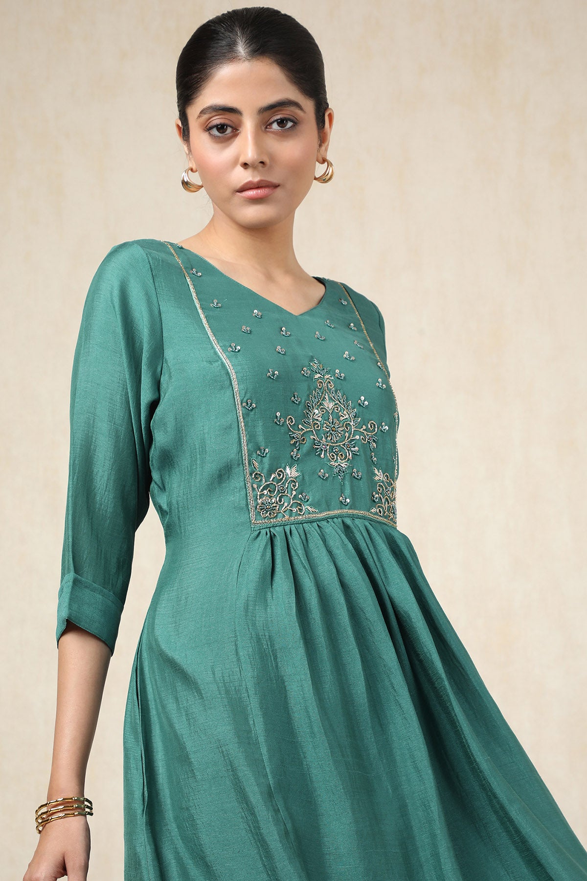 Women's Teal Crepe Solid Dress With Cutdana