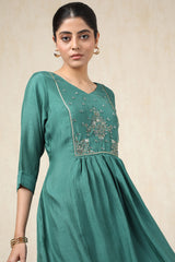 Women's Teal Crepe Solid Dress With Cutdana
