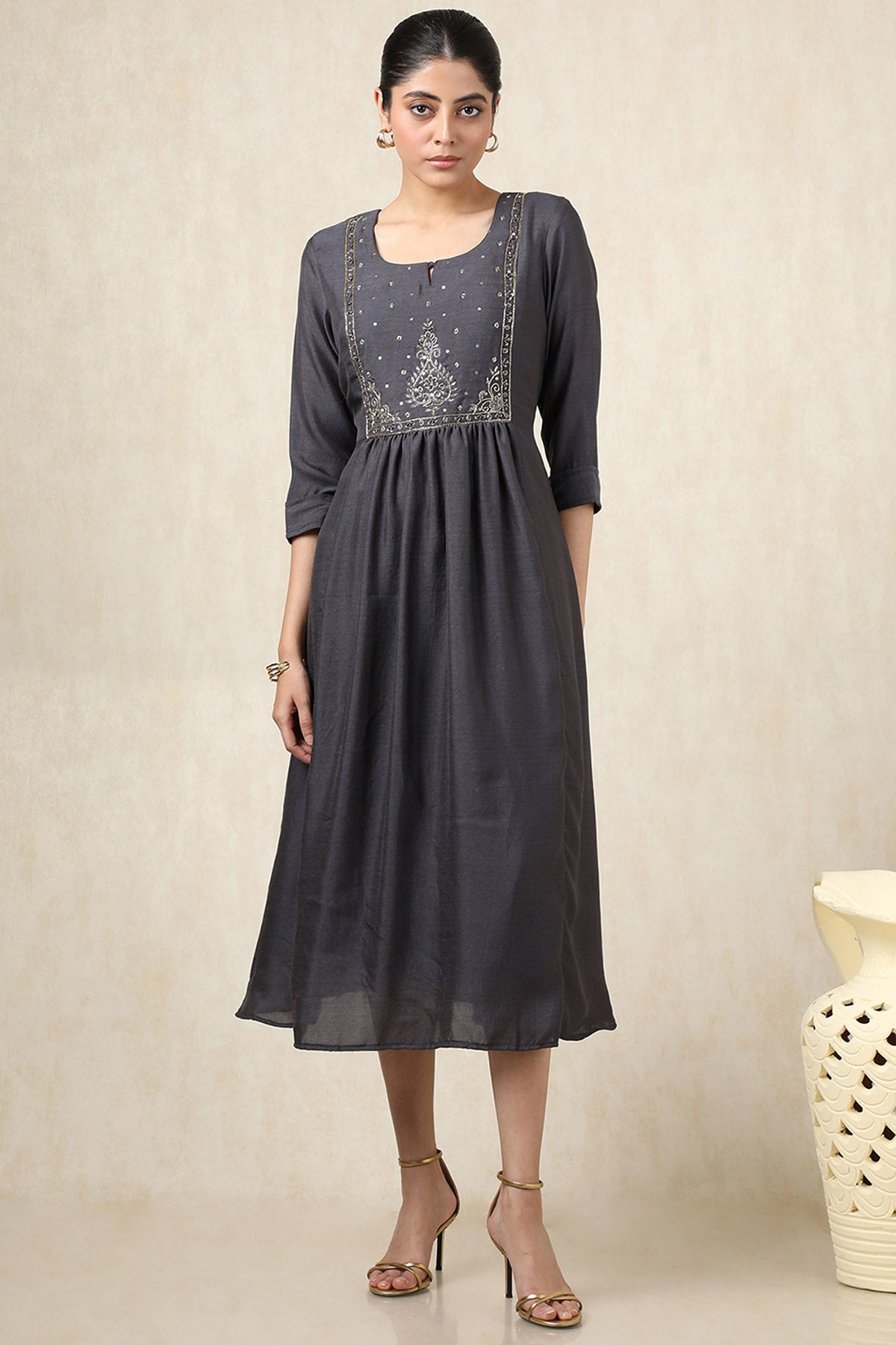 Women's Charcoal Crepe Embroidered Dress With Cutdana