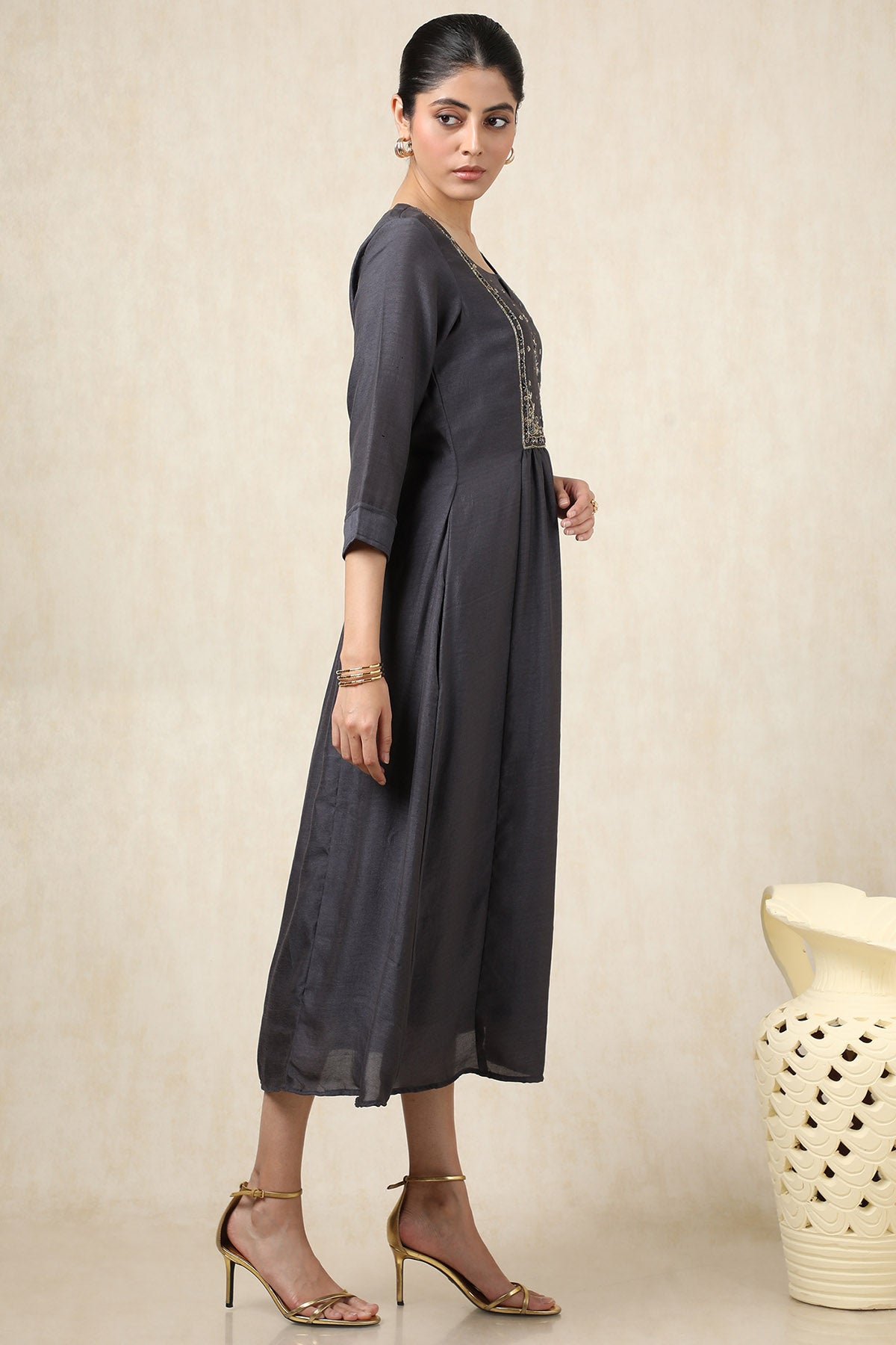 Women's Charcoal Crepe Embroidered Dress With Cutdana