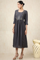 Women's Charcoal Crepe Embroidered Dress With Cutdana