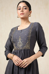 Women's Charcoal Crepe Embroidered Dress With Cutdana