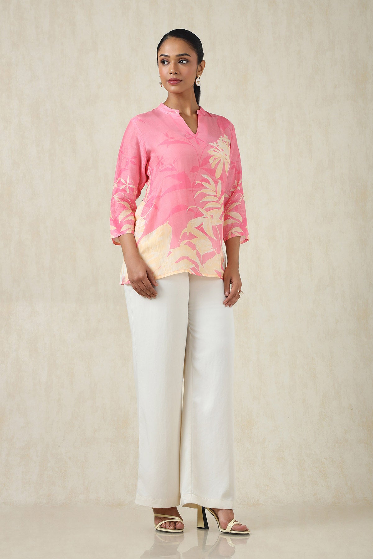 Women's Pink Muslin Botanical Tunic