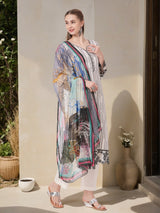 Women's Off White Printed Festive Kurta Set with Trouser and Dupatta
