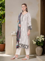 Women's Off White Printed Festive Kurta Set with Trouser and Dupatta