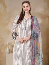 Women's Off White Printed Festive Kurta Set with Trouser and Dupatta