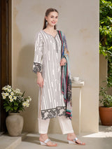 Women's Off White Printed Festive Kurta Set with Trouser and Dupatta