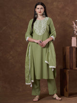 Women's Green Festive Kurta Set with Trouser and Dupatta