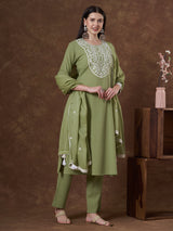 Women's Green Festive Kurta Set with Trouser and Dupatta