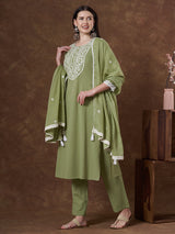 Women's Green Festive Kurta Set with Trouser and Dupatta