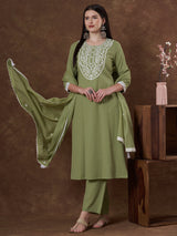 Women's Green Festive Kurta Set with Trouser and Dupatta