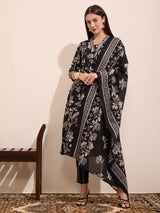 Women's Black Printed Festive Kurta Set with Trouser and Dupatta