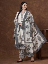 Women's White Printed Festive Kurta Set with Palazzo and Dupatta