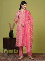 Women's Pink Printed Festive Kurta Set with Trouser and Dupatta
