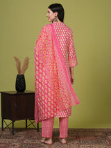 Women's Pink Printed Festive Kurta Set with Trouser and Dupatta