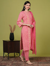 Women's Pink Printed Festive Kurta Set with Trouser and Dupatta