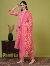 Women's Pink Printed Festive Kurta Set with Trouser and Dupatta