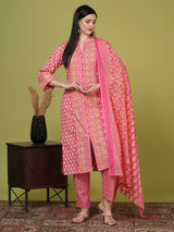 Women's Pink Printed Festive Kurta Set with Trouser and Dupatta
