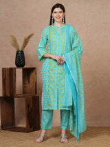 Women's Blue Printed Festive Kurta Set with Trouser and Dupatta