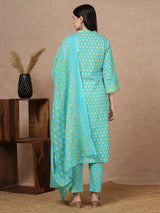 Women's Blue Printed Festive Kurta Set with Trouser and Dupatta