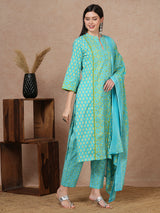 Women's Blue Printed Festive Kurta Set with Trouser and Dupatta