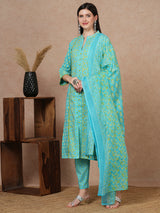 Women's Blue Printed Festive Kurta Set with Trouser and Dupatta