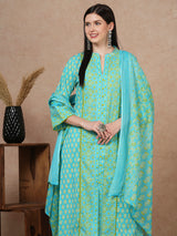 Women's Blue Printed Festive Kurta Set with Trouser and Dupatta