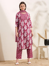 Women's Maroon Printed Festive Kurta Set with Trouser and Dupatta