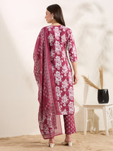 Women's Maroon Printed Festive Kurta Set with Trouser and Dupatta