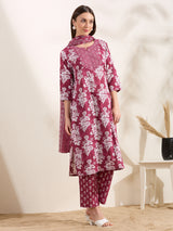 Women's Maroon Printed Festive Kurta Set with Trouser and Dupatta