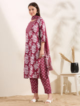 Women's Maroon Printed Festive Kurta Set with Trouser and Dupatta