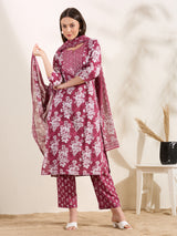 Women's Maroon Printed Festive Kurta Set with Trouser and Dupatta