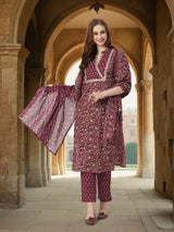 Women's Maroon Printed Festive Kurta Set with Trouser and Dupatta