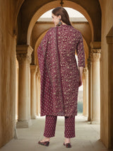 Women's Maroon Printed Festive Kurta Set with Trouser and Dupatta