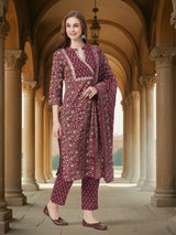 Women's Maroon Printed Festive Kurta Set with Trouser and Dupatta