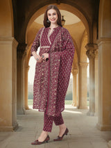 Women's Maroon Printed Festive Kurta Set with Trouser and Dupatta