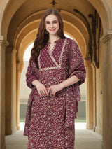 Women's Maroon Printed Festive Kurta Set with Trouser and Dupatta