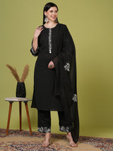 Women's Green Printed Festive Kurta Set with Trouser and Dupatta