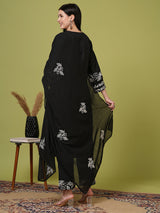 Women's Green Printed Festive Kurta Set with Trouser and Dupatta