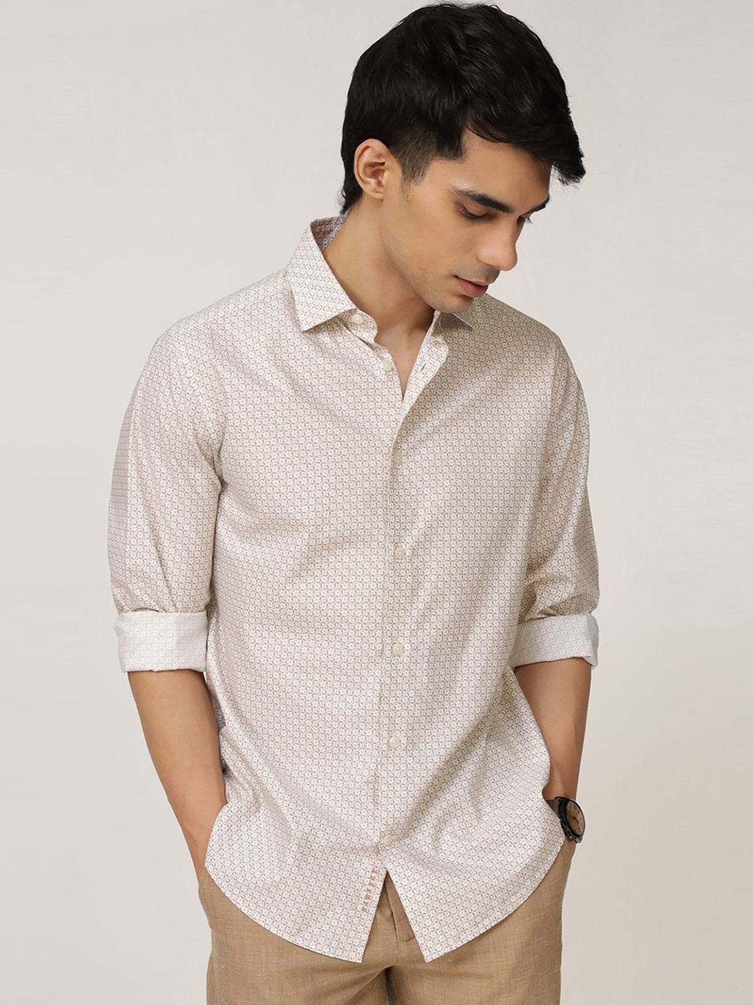 Men's Brown Casual Regular Fit Printed Full Sleeves Shirt
