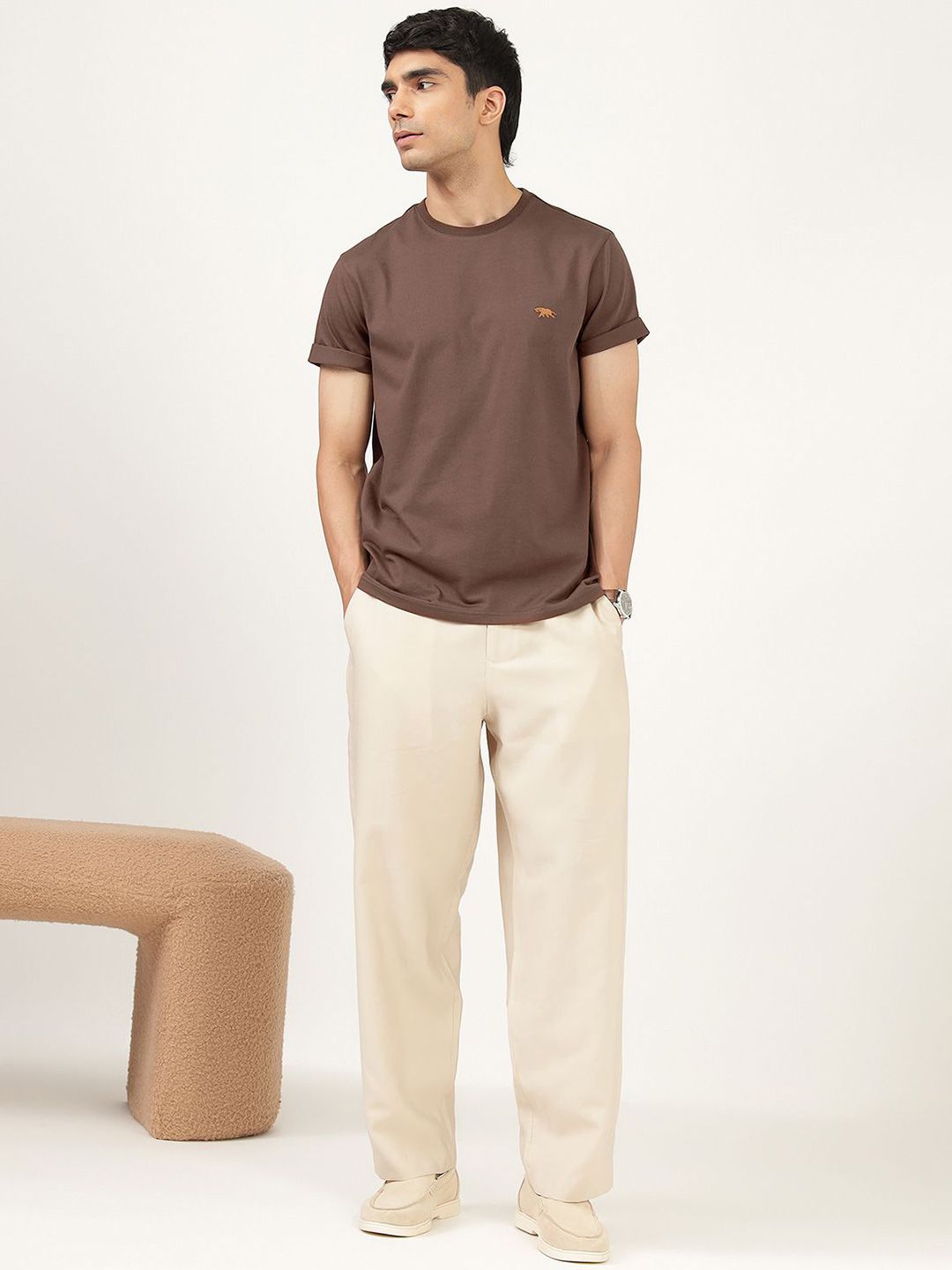 Men's Brown Casual Regular Fit Solid Half Sleeves Tshirt